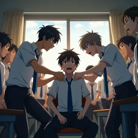 A dramatic low-angle anime-style shot capturing close-up of the Classroom where Gangster student around a boy: [Student] who is sitting on chair, While the leader’s grapping him from his shirt collar, and gazing him with anger eyes, expressions full of men...