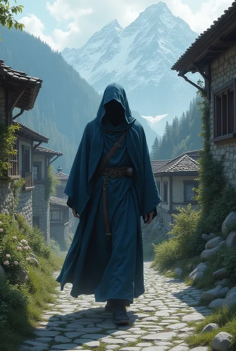 a man whose face was covered by a robe was walking in a village in the mountains