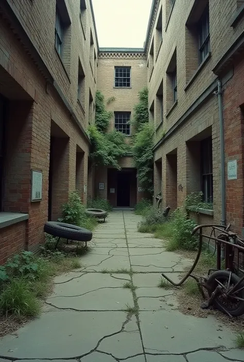  An old dirty courtyard without people, 1970s , america