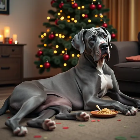 An ultra realistic image of an imposing Great Dane dog measuring 118 cm tall with a uniformly gray coat, lying on the floor showing his full belly due to having eaten a lot, his appearance is that he is feeling sick from eating so much, in the background a...