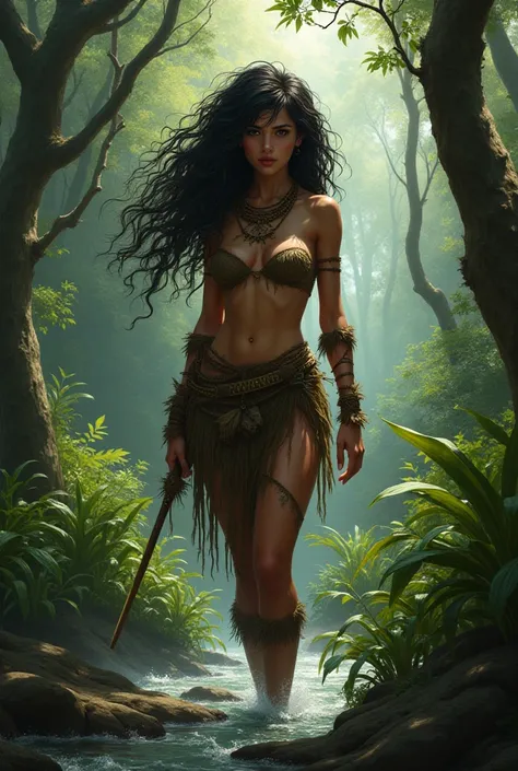 in a primitive forest ,  a river full of reeds ,  a cave woman with hair like a hedgehog, very beautiful, tall and strong