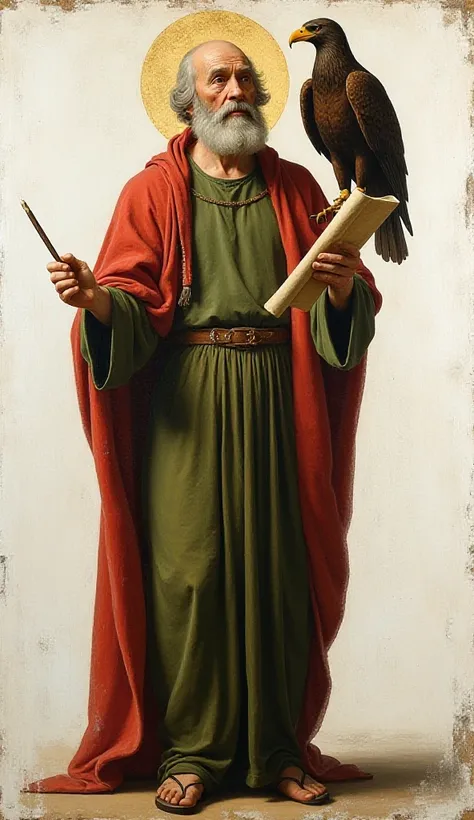 Oil painting by Raffaello Santi, canvas, the color is fading, It is a little peeling, full-length portrait, An old man wearing an old green tunic and old red cloak, clothes worn by time, in his right hand he holds an open parchment and in his left hand a q...