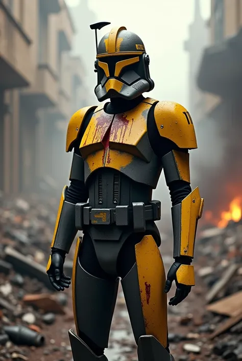 Make me an image of a clone trooper in the colors black and yellow with blood on his helmet 