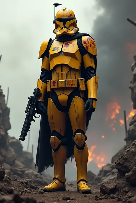 Make me an image of a clone trooper in the colors black and yellow with blood on his helmet 