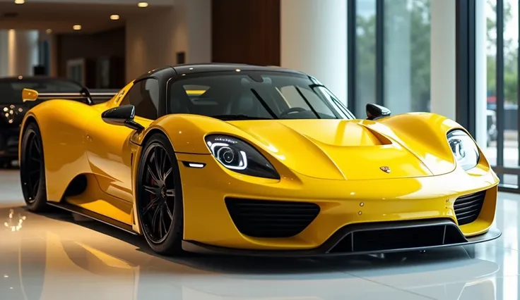 Realistic of futuristic 2025 Porche 917, with modification, good looking, neat yellow color, front left view, parked in luxury showroom 
The background features a contemporary showroom setting with polished floors and natural light, enhancing the cars stri...