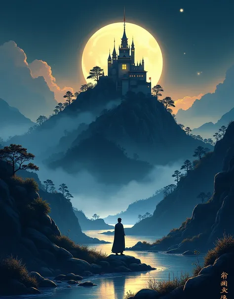 A captivating illustration of a serene mountain landscape featuring a majestic medieval castle perched atop the peak. The castle, adorned with Buddhist, Taoist, and Confucian symbols, symbolizes the harmonious blend of these philosophies. Mist envelops the...