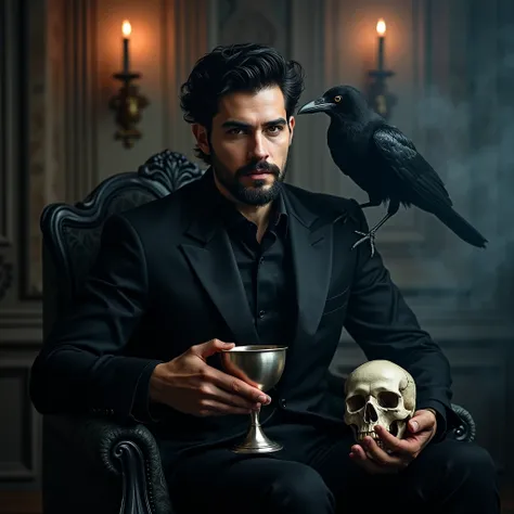 man, handsome, short black hair, well trimmed beard, brown eyes, black gothic suit, holding a skull, holding a silver chalice, raven pet, call of cthulhu style, young Aurelio Voltaire inspired, charming expression, dramatic lighting, vibrant colors, surrou...