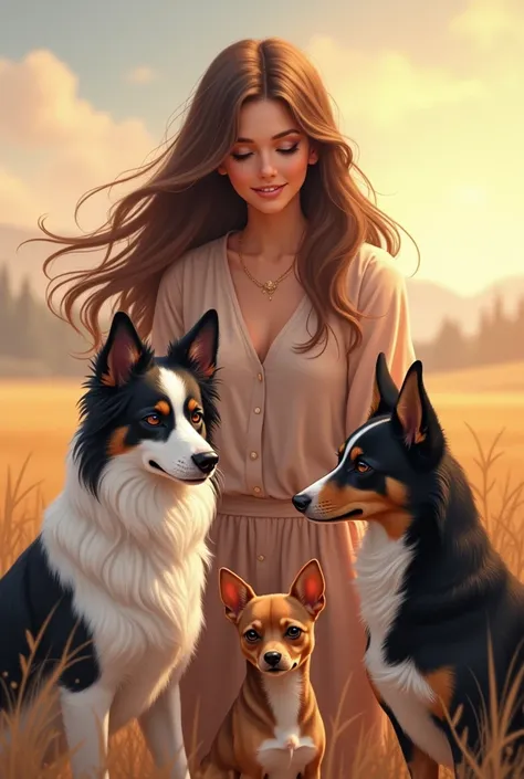  An image of a woman with brown hair and next to her a white and black Border Collie dog ,  a very small brown Chihuahua dog and another Chihuahua dog with black spots, brown and white  