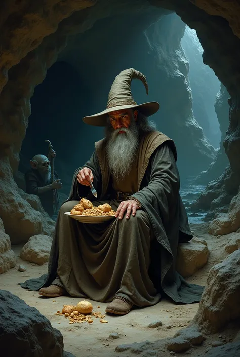 the male wizard was eating inside the goblin cave