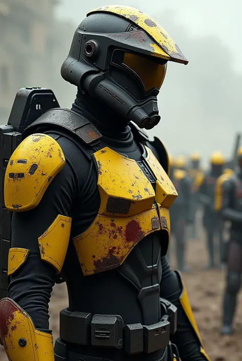 Make me an image of a clone soldier in command with the colors black yellow and with a dirty, bloody and broken helmet but that you cant see his face