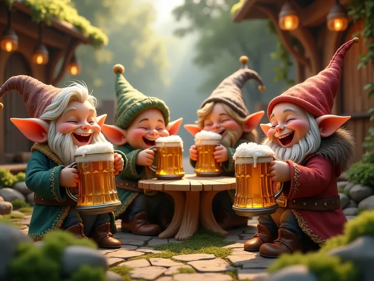 Elves, gnomes , magical creatures laugh with mugs of beer in their hands warm colors