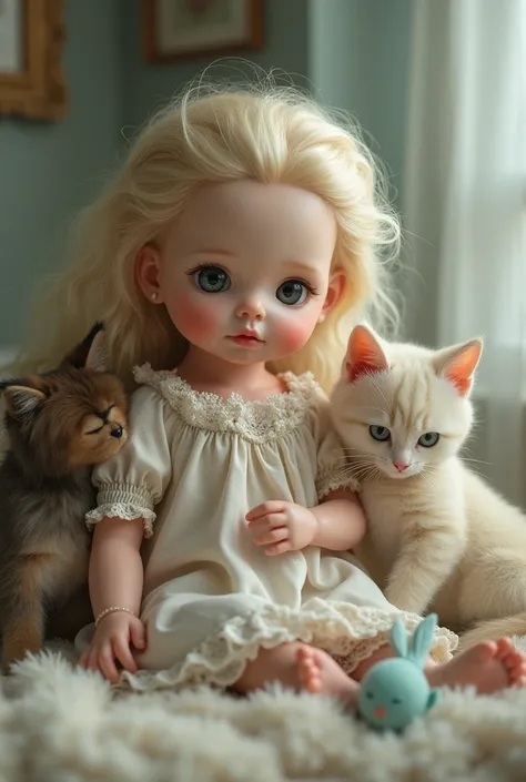 An adult baby doll with lenses surrounded by her little animals🦮🐈🦜