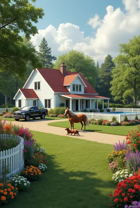  A large plot of land with a large cottage-style house  ,  a large garden with lots of flowers of different styles and surrounded by a white fence ,a horse and a dachshund  , a large pick-up truck 4x4  ,  a dental laboratory next to the house ,  trees with...