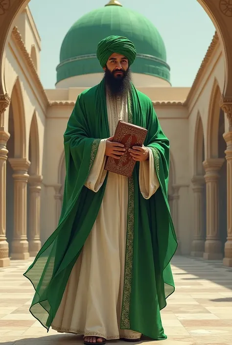 Sufi saint wear a white dress and green long Shawl and green Turkish turban and big hold a book stand in madina in green dome 