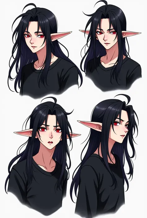  cartoon of a male anime character with long black hair red eyes with dark circles, elf ears , Vampire and in a black sweatshirt, on a white background , with different poses  