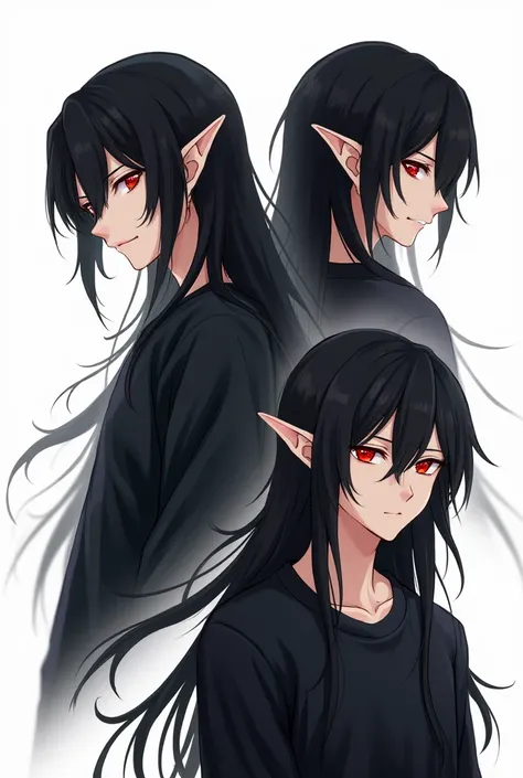  drawing of an anime character male with long black hair red eyes , elf ears ,  with a black sweatshirt , In the style of a vampire   , on a white background ,  with different poses and expressions  