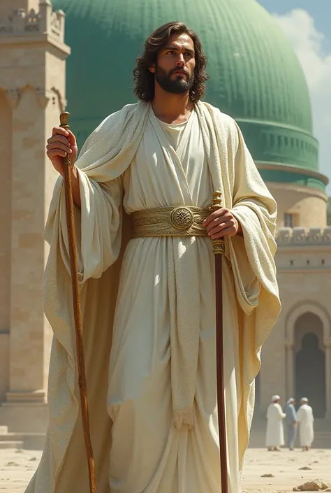 Jesus Christ wear a white dress and silver long Shawl  and hold a stick stand in madina in green dome