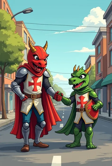 Un père avec un déguisement Cosplay de chevalier en carton tenant en laisse  son jeune fils avec un déguisement Cosplay de Dragon en carton, ils sont de face bras levé dans une ruelle et font un prank a la voiture Google maps. Je veux ce dessin en style co...