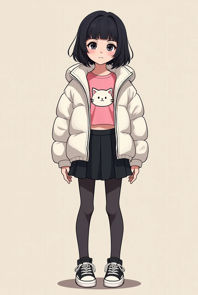 cute asian girl, teenager, pretty, petite, black hair, bangs, white open puffer crop top jacket, pink crop top with cartoon cat on it, black short skirt, tights, black and white sneakers, serious face, 18 years old