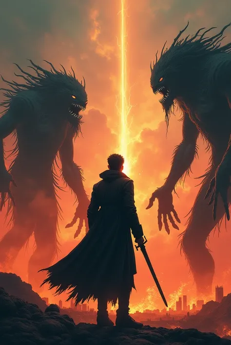 Create a futuristic cyberpunk-style illustration featuring a major protagonist,  fighting with an overcoat , A Chinese sword,  him looking up at the London sky in 2080 ,  but devastated and broken in flames surrounded by monstrous black creatures, 2m tall ...