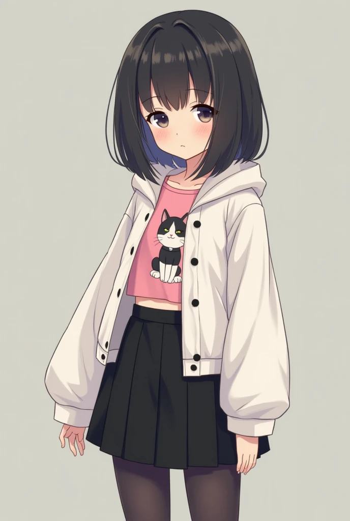 asian girl, cute face, teenager, pretty, petite, black hair, bangs, white open puffer crop top jacket, pink crop top with cartoon cat on it, black short skirt, tights, black and white sneakers, serious face, 18 years oldcute asian girl, teenager, pretty, p...