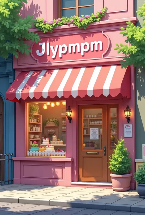 Create cake shop cute concept put name JLYPMPM front the door don’t tag human and front the door straight 