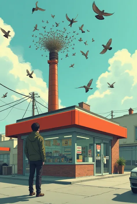 At the convenience store where there are birds coming out of a chimney writes Jérémie le Chauffeur