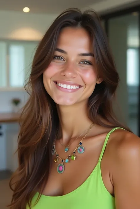 A young woman, with long brown hair, tanned skin and light eyes with her head turned to the left. She is smiling with impeccable white teeth. She wears a bright green top with thin straps and an elegantly designed necklace with colorful pendants. The backg...