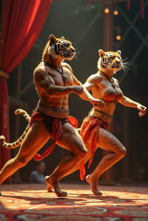 A Tiger and women hybrid Between faching Dance on a stage 