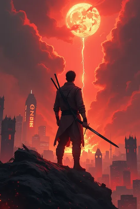  Create a futuristic cyberpunk-style illustration featuring a protagonist, fighting with a Chinese sword ,  him looking up at the London sky in 2080 ,  but devastated and broken in flames surrounded by monstrous black creatures, 2m tall and humanoids 