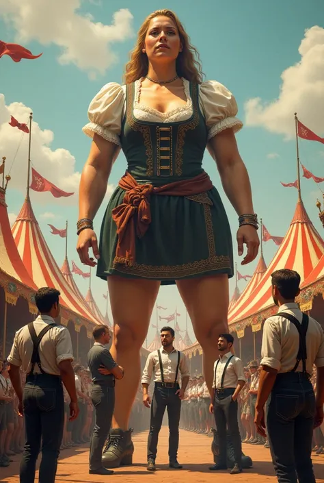 A 10 foot tall german ttraditional robust circus giantess with regular men