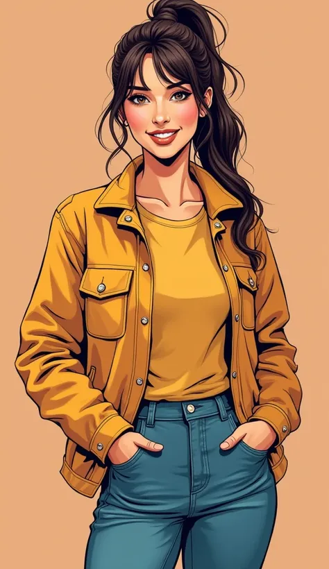 DISCREET image. with discreet casual clothes and with tied hair. image adult woman, american, comic book style but a little realist. SHE IS HAPPY AND GRATEFUL, with a discreet smile. IMAGES WITH VIBRANT COLORS.