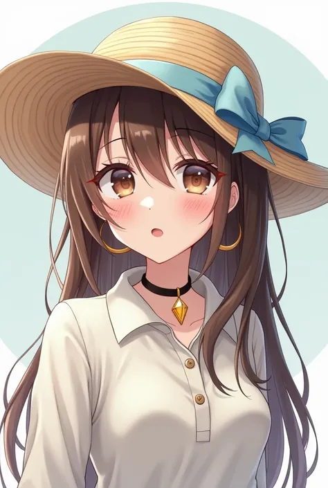  HIGH QUALITY, 8K ultra HD,  a girl wearing a sun hat , The ribbon is light blue ,  her hair and eyes are brown ,  low-tailed hair with a hoop ,  black necklace with a yellow diamond,  long sleeve polo shirt the photo that is circular, long hair 