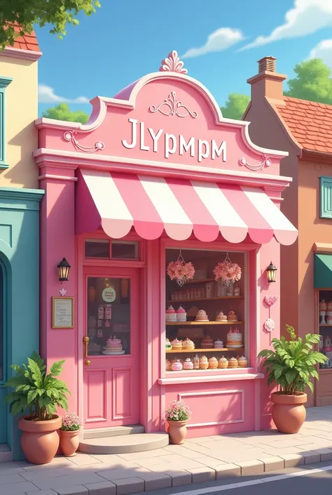 Create cake shop pink cute concept put name JLYPMPM front the door don’t put human on it 