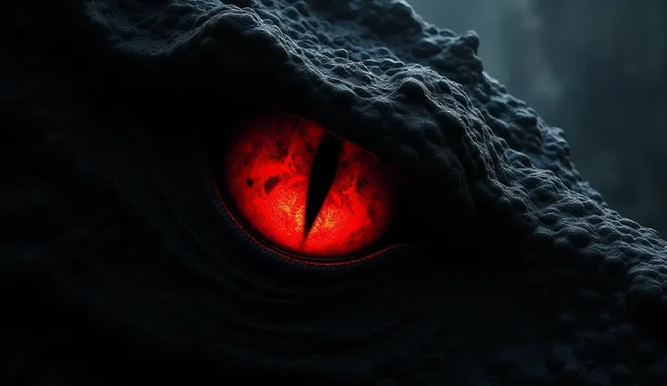 Screen all dark in a dark environment only visible a huge red eye of a dragon in the image