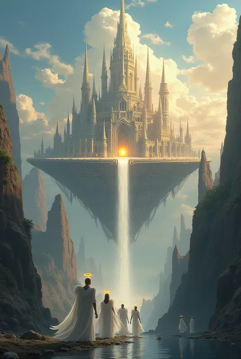  A City in the Sky , whose doors are guarded by seven angels ,  a palace in the center of the city and around the city a river that floats in the air