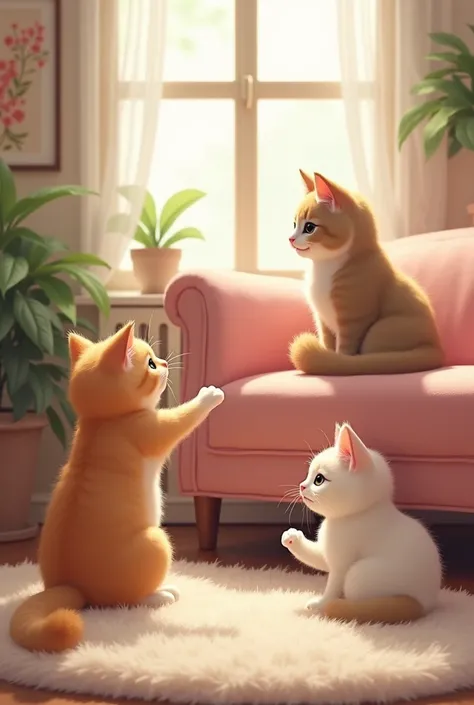 In a room there are 3 cats. One cat is sitting on cute pink sofa. Second is playing with her bushy tail. Third is sitting on floor.