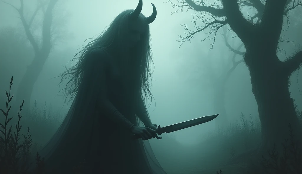 heavy fog ,  dark environment, Shadow of a woman with horns and very long hair holding a knife in a garden, Impressionist art style