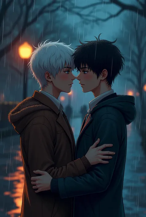 Make an image of a gay couple , one of the boys is brown and white-haired with blue eyes and the other is a pale boy with black hair and black eyes, both embracing each other lovingly in the rain in a park at night 