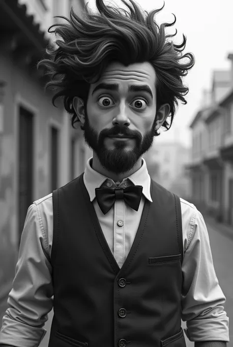 generate a black and white photo image in realistic style of a man of 29 years, in which hairstyle like in Wilson with Dont Starve .  He should be dressed in Wild West style clothing but mixed with business style .  Explosion style hairstyle at pasta facto...