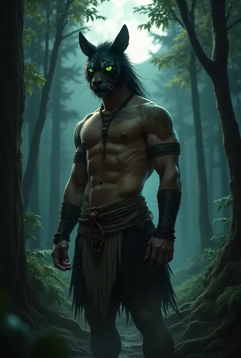 A handsome man with a dashing body, green eyes, black tiger ears, a forest feel at night and wearing primitive clothing. 