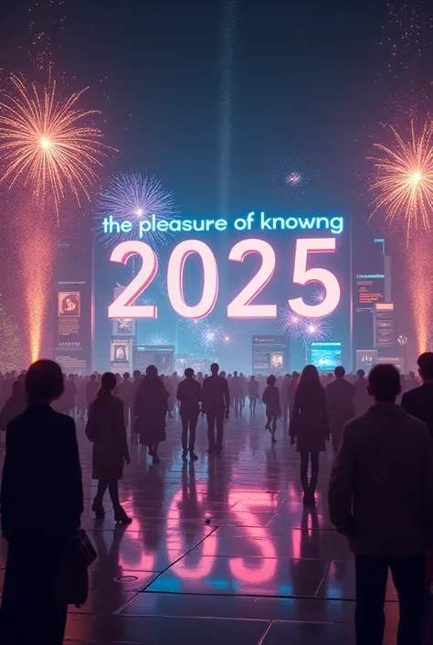 Welcome to the year 2025 with backlights and fireworks and forward images of universal classic books in PDF format and with a sign that says THE PLEASURE OF KNOWING