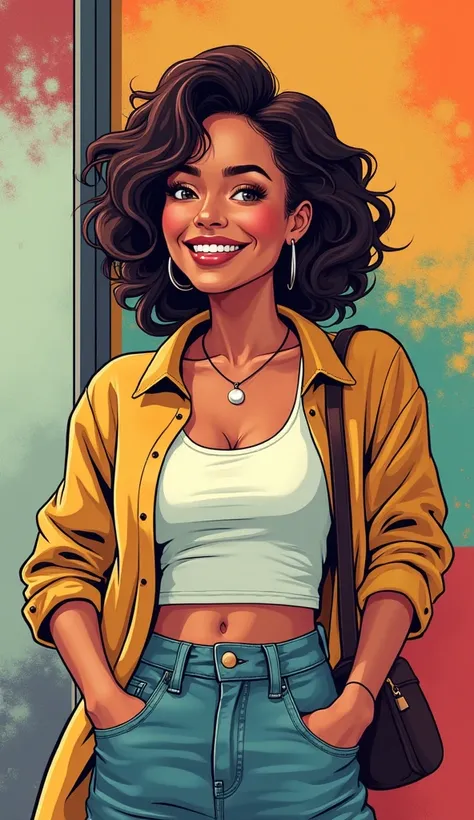 DISCREET image. with discreet casual clothes. image adult woman, american, comic book style. SHE IS HAPPY AND GRATEFUL, with a discreet smile. IMAGES WITH VIBRANT COLORS.