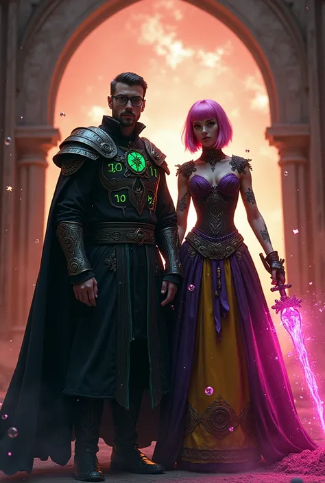 materialized as a valor and regal silouettes couple of Man necromancer and woman Viking both mages standing at the entrance to the gothic chapel with  Man: handsome, slavic man, with glasses and deep brown short hair, in ornamental black in neon green rune...