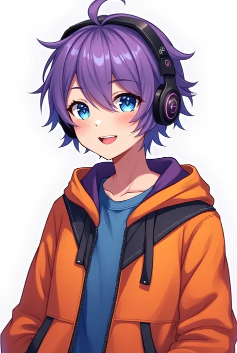 Pngtuber Teenage Boy with orange sweatshirt with black and purple details normal purple hair blue shirt half body white background purple eyes and gaming headphones with LED and not 