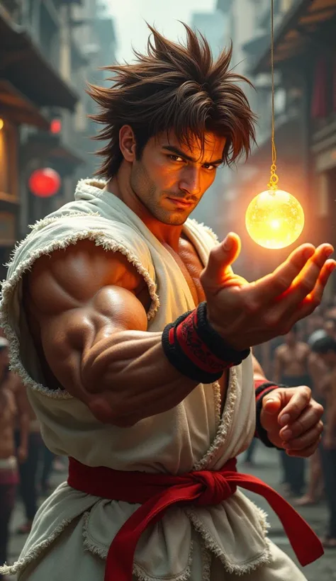   a realistic representation ,realistic textures,Ryu de  master Street Fighter  :  a powerful and muscular martial artist with broad shoulders and a chiseled physique . Her brown ,  wild hair flows dramatically ,  accentuating his movement and energy .  Hi...