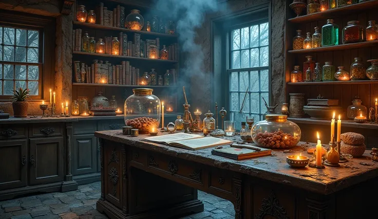  Under the dim light of shimmering candles ,  the witchs magic room appears filled with mystery and enchantment .  The large old wooden desk located in the center ,  covered with thick old books ,  jars of strange ingredients and tools Glossy lab instrumen...