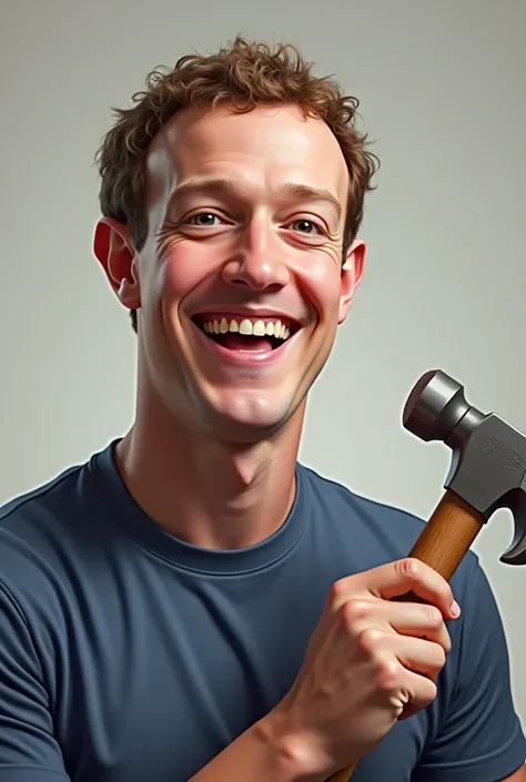 Mark Zuckerberg is smiling broadly while holding a hammer