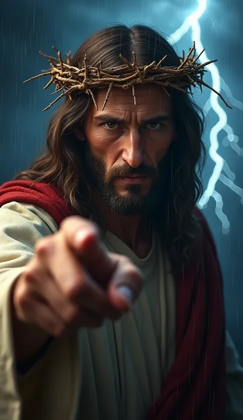 Ultra-realistic 8K image of Jesus looking directly at the camera with a serious and intense gaze. He is close to the viewer, pointing his index finger forward, drawing attention with force. Jesus wears a detailed crown of thorns, his expression conveying w...