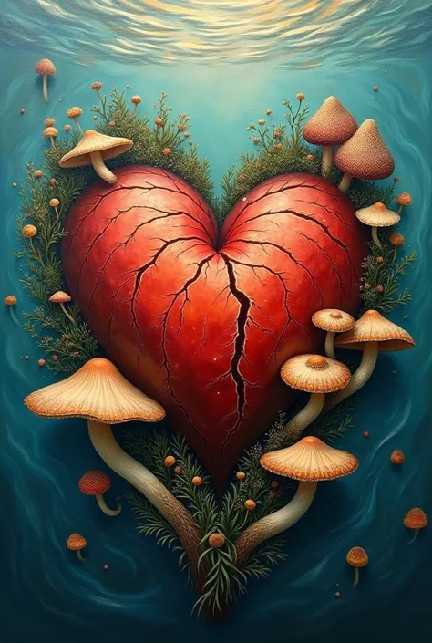 I want a  realistic heart painting that is a mix of the ocean and mushrooms 